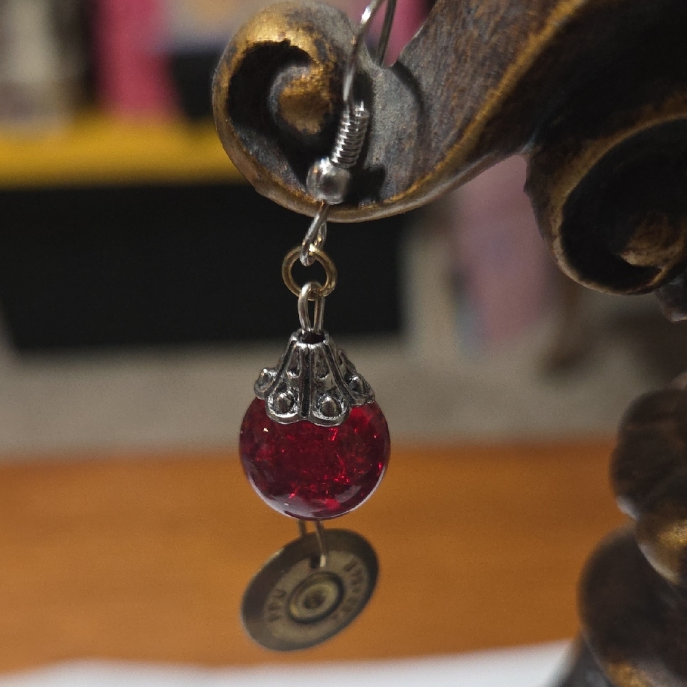 Bullet Casing End  Red Glass Bead Dangle Earrings - Women Jewelry